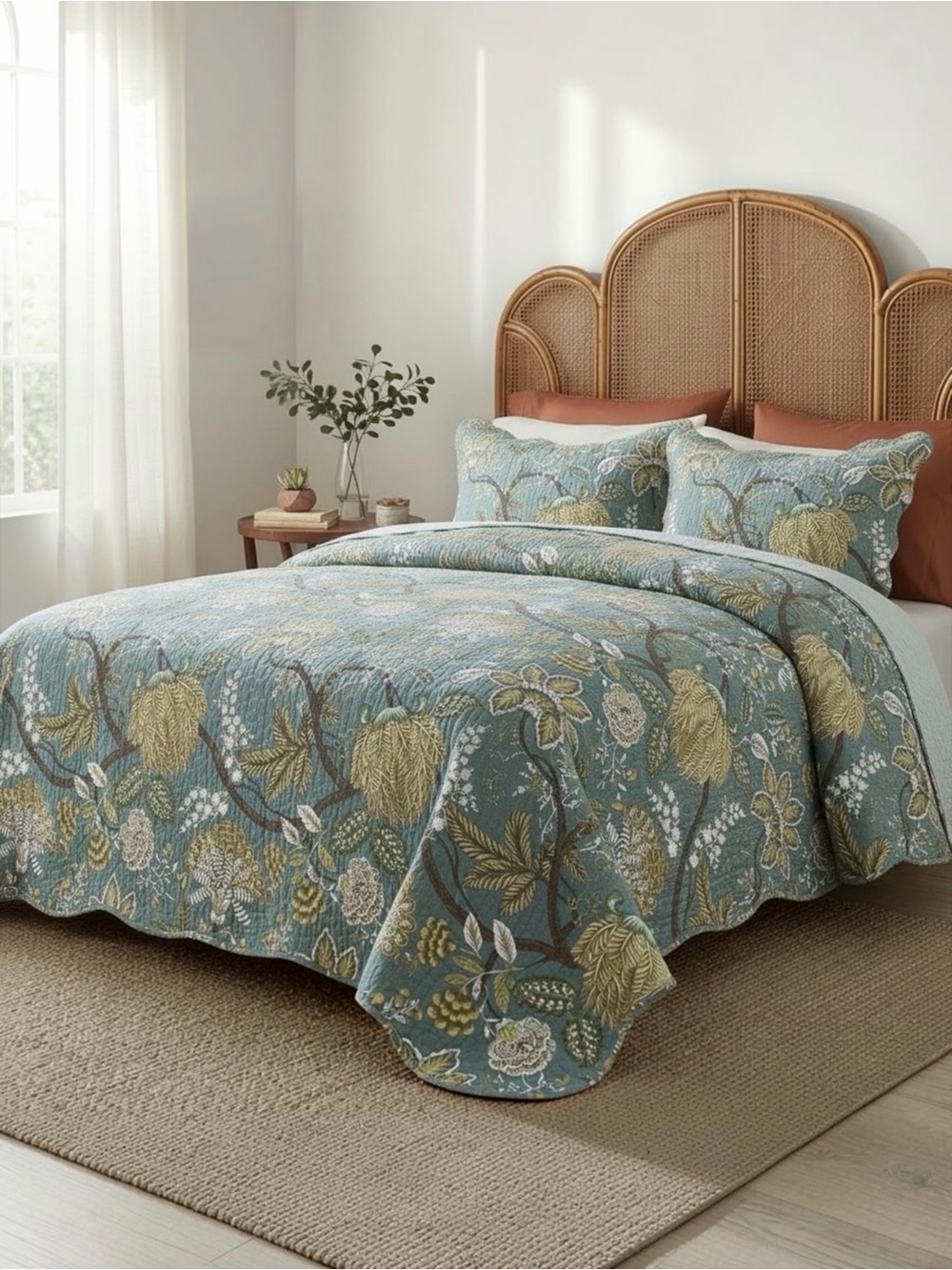 NEW Anthropologie Green Floral Reversible Queen King Boho Bedding Quilt Sham Set